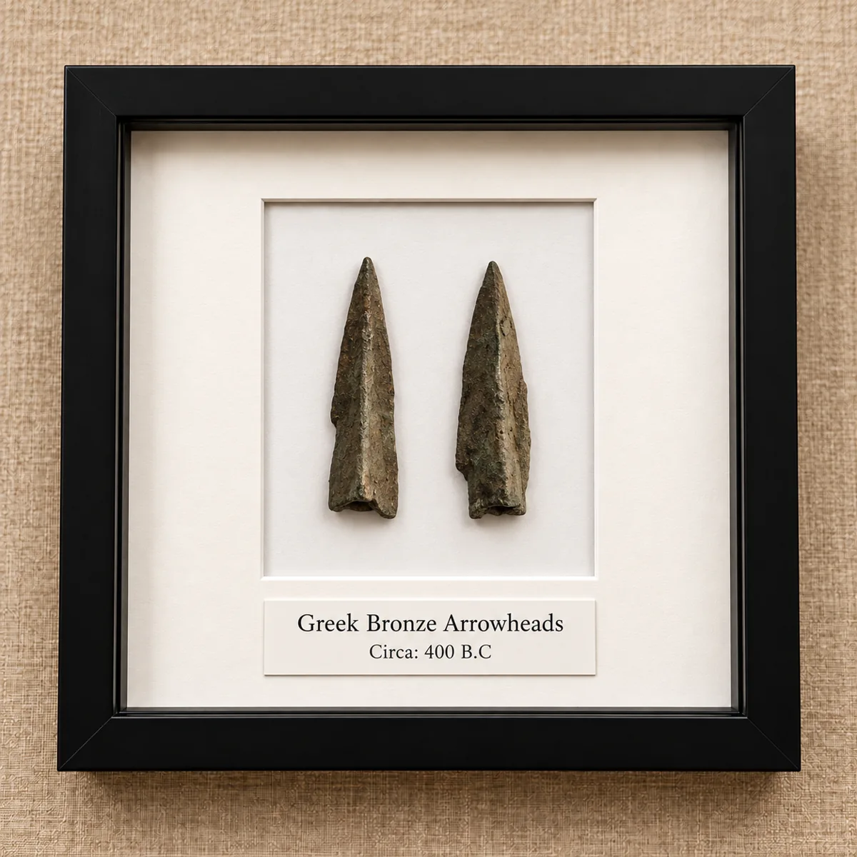 A framed pair of bronze arrowheads, presented as a Greek collection preview