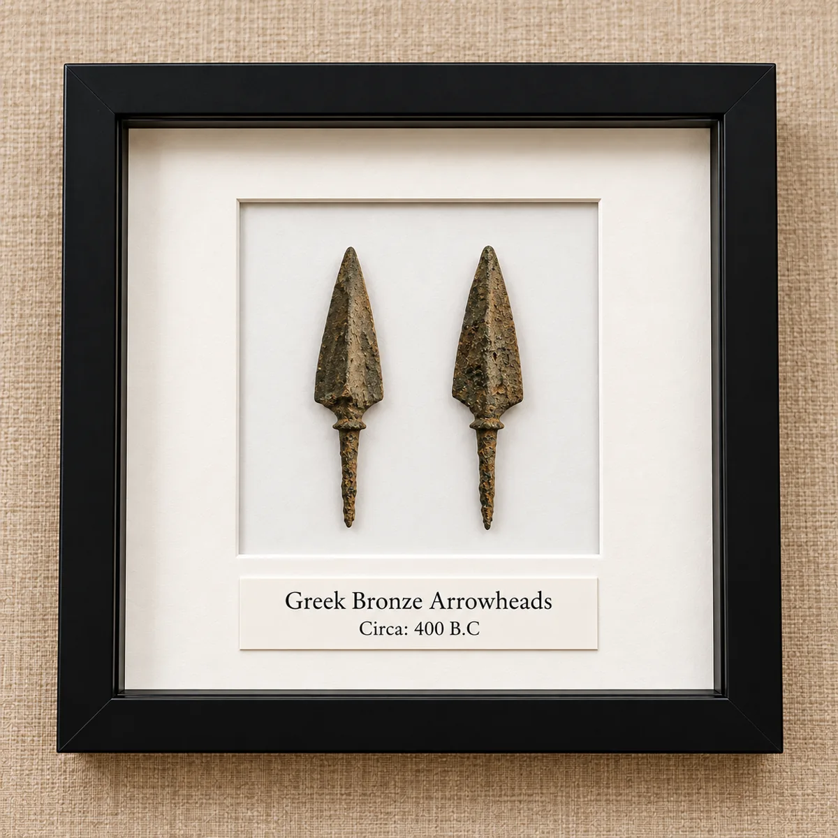 Illustrative black framed museum display for Greek Bronze Arrowhead Pair II