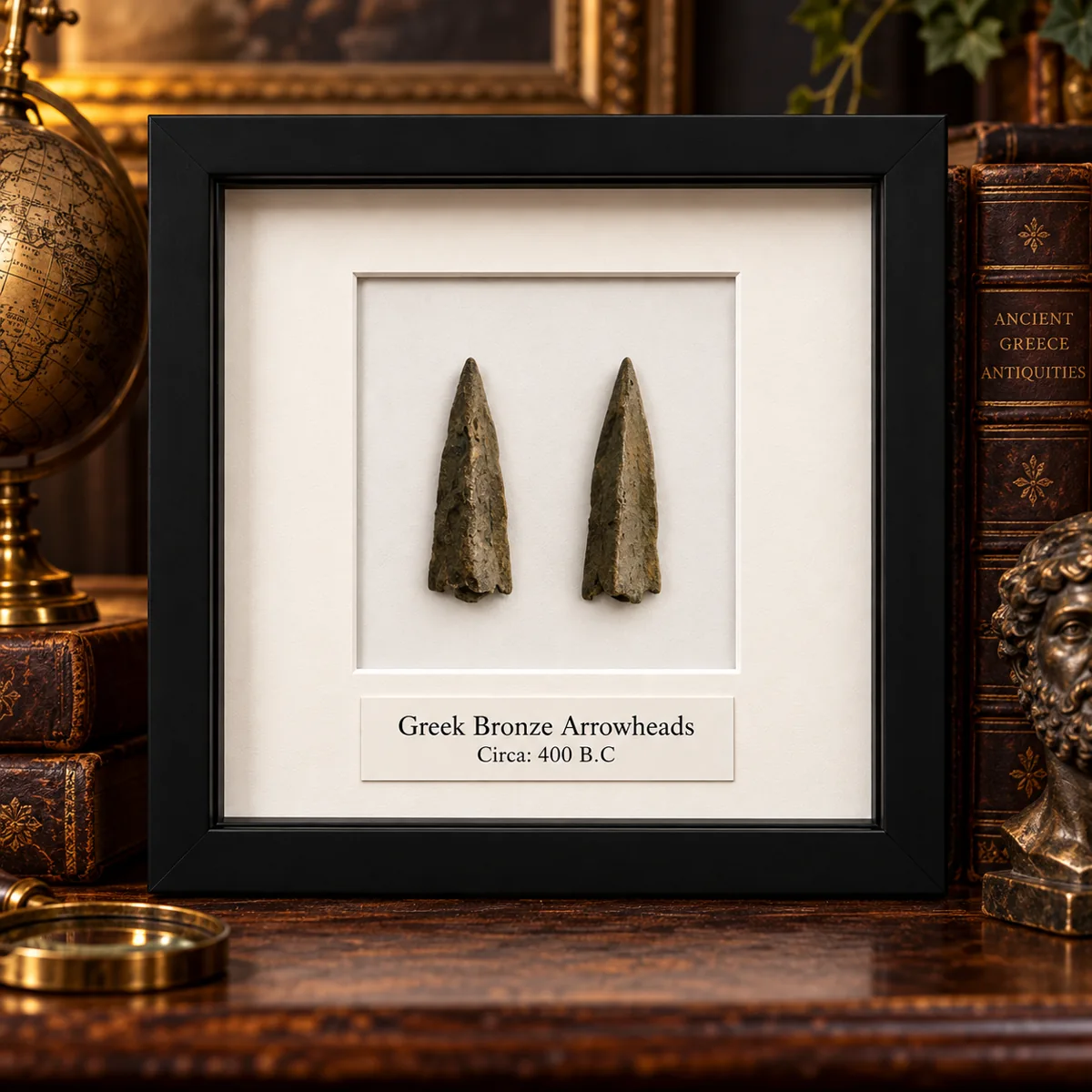 Illustrative black framed museum display for Greek Bronze Arrowhead Pair III