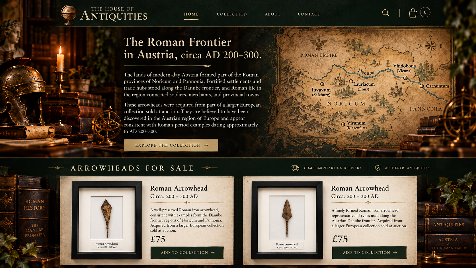 Illustrated feature panel showing the Roman frontier in Austria with a map of Vindobona, Carnuntum, Lauriacum, Iuvavum and Virunum, plus mockups of framed Roman arrowheads for sale
