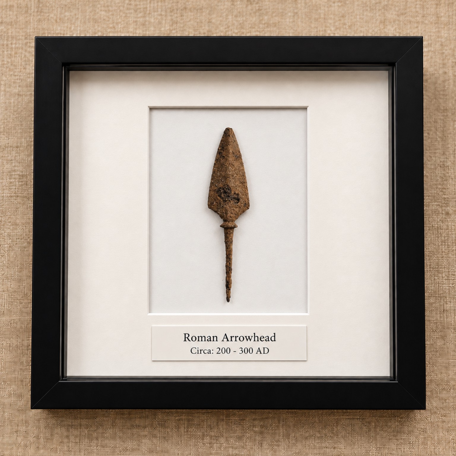 Framed Roman arrowhead display with white mount, black frame and engraved label