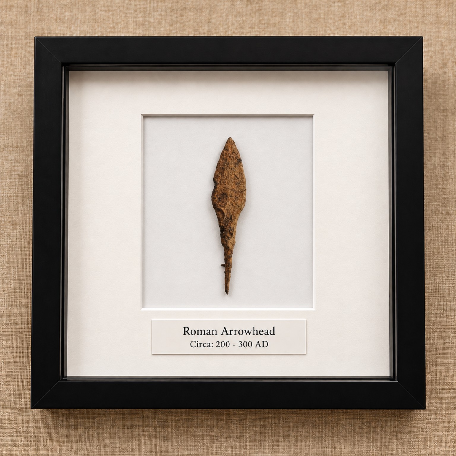 Framed Roman arrowhead display with white mount, black frame and engraved label