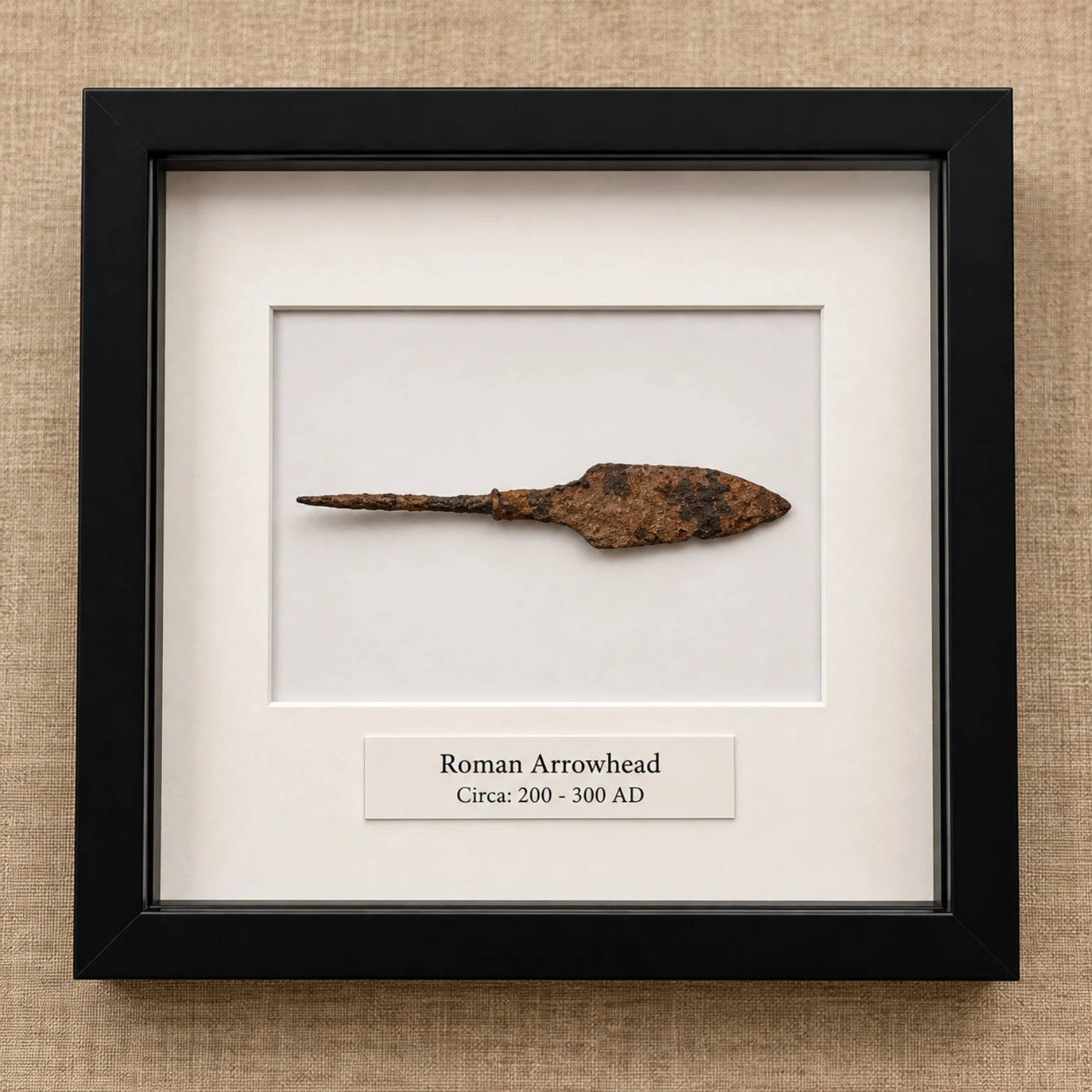 A framed Roman iron arrowhead display mockup