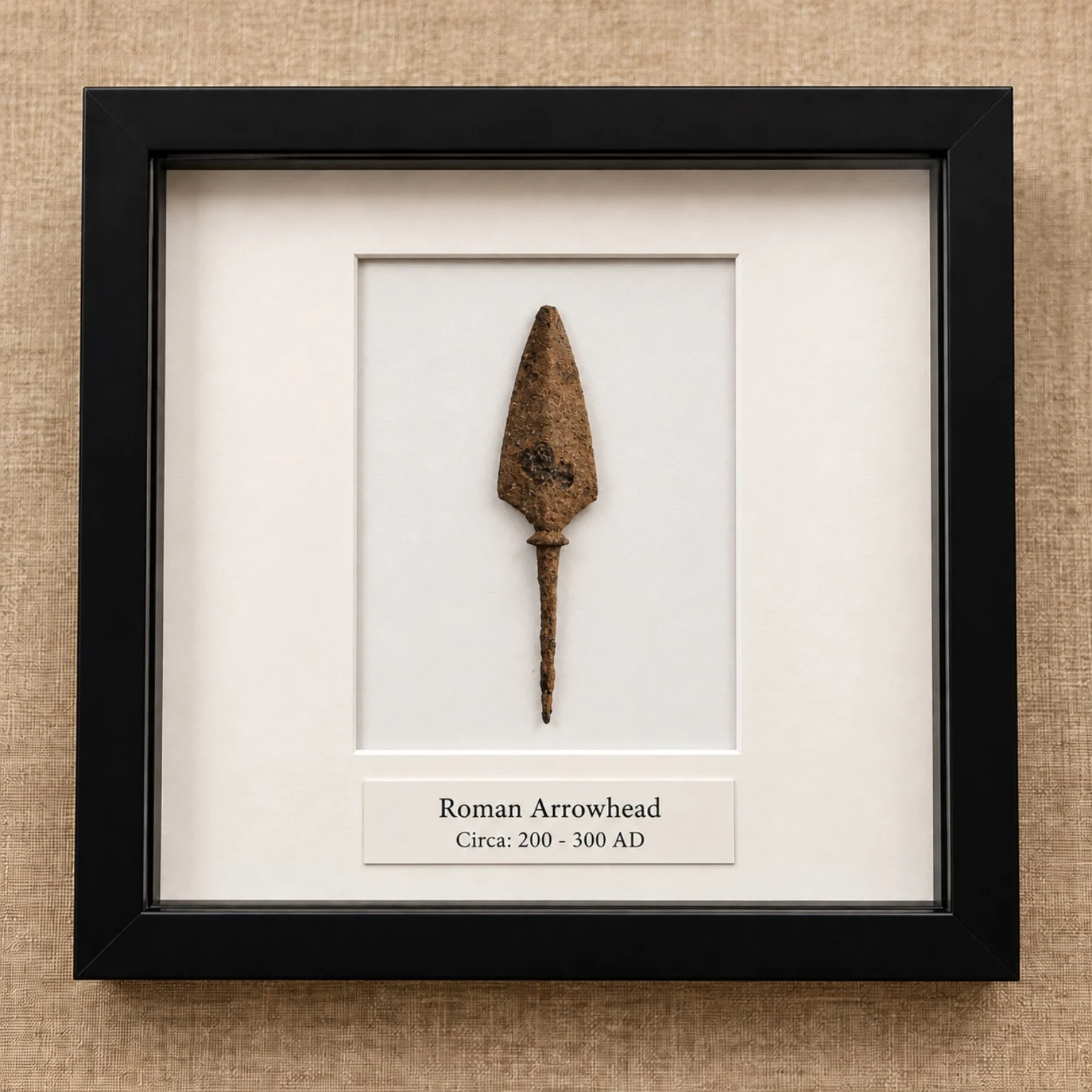 Illustrative black framed museum display for Roman Arrowhead II