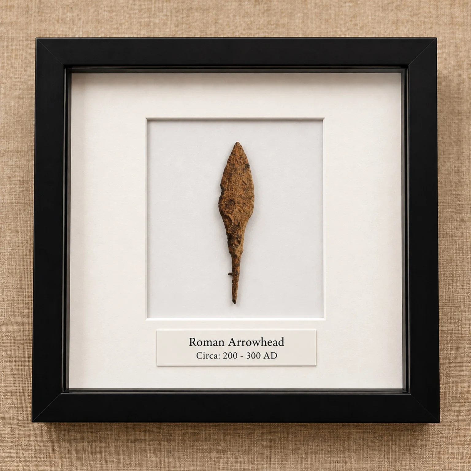 Illustrative black framed museum display for Roman Arrowhead III