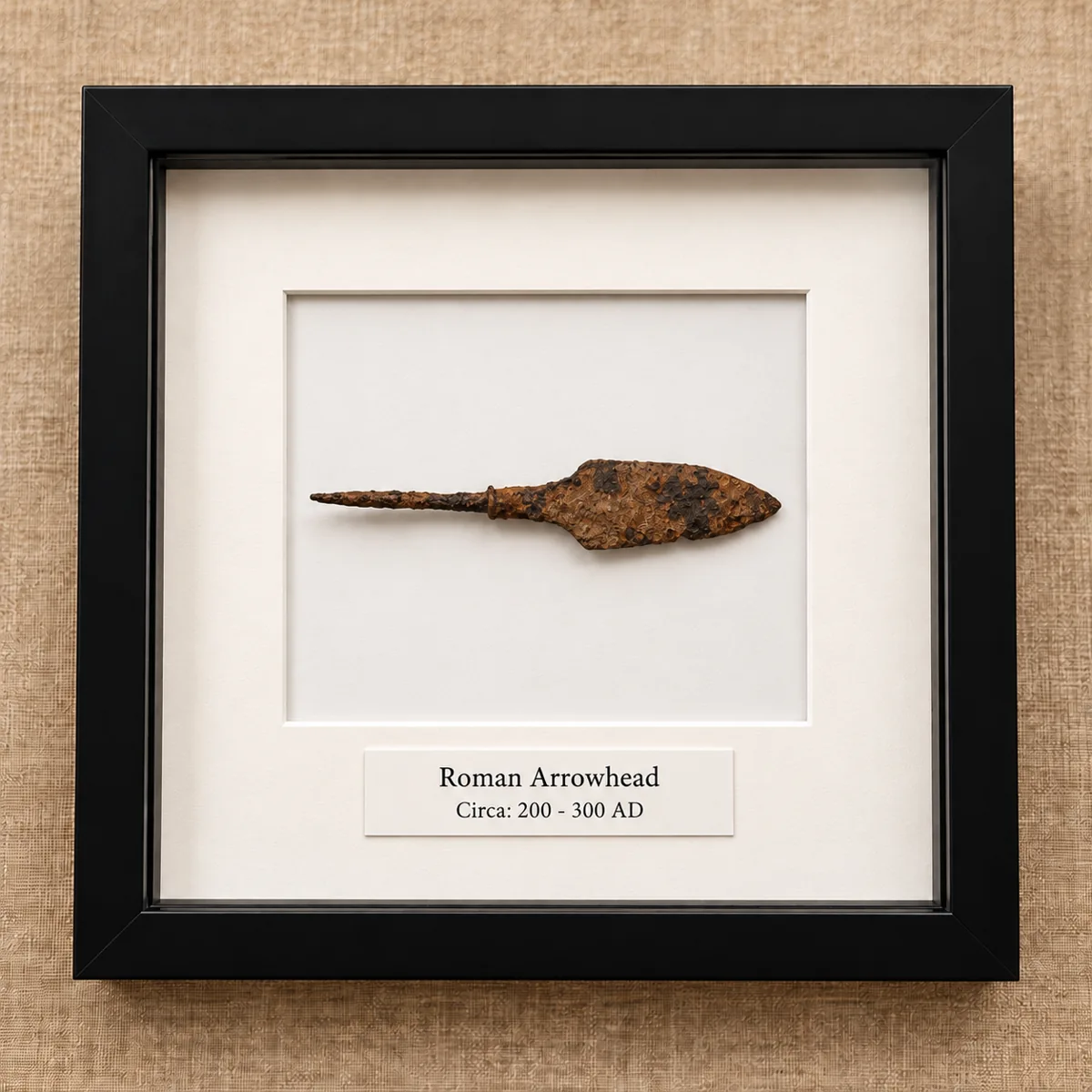 Illustrative black framed museum display for Roman Arrowhead IV